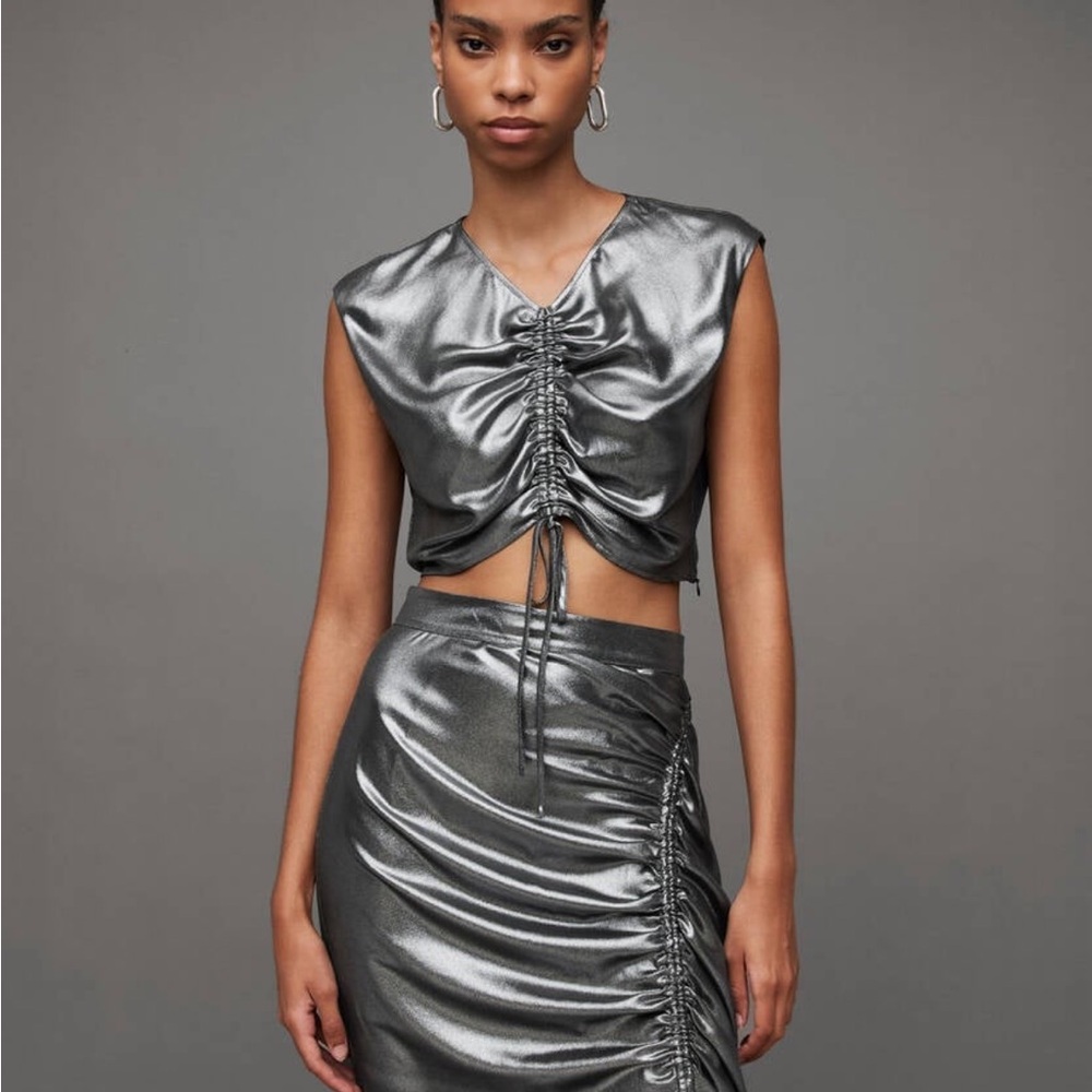 All saints CARLA GATHERED METALLIC CROPPED TOP